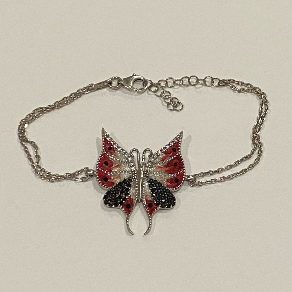 925 silver red butterfly bracelet hand made enamel